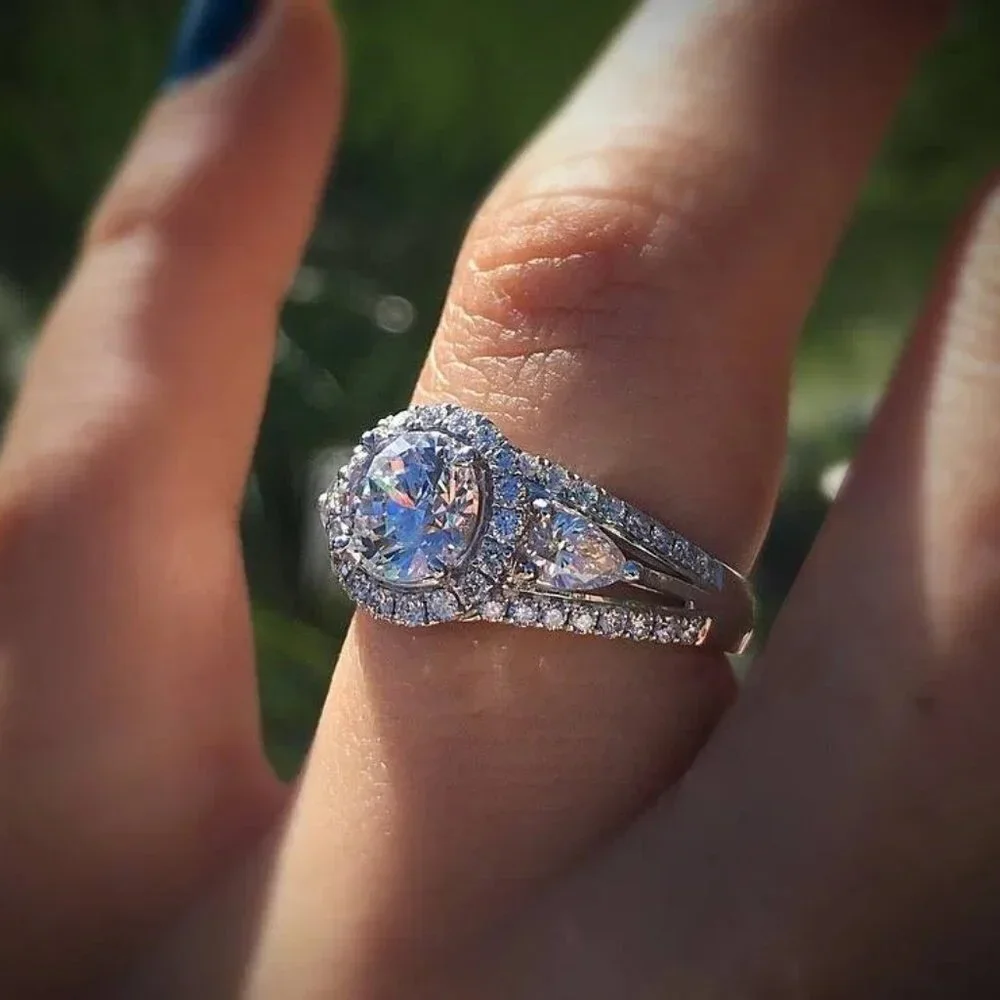 😍Noble Anillos Round Zircon Three Layer Hollow Silver Plated Dainty Ring, L219 - Picture 3 of 5